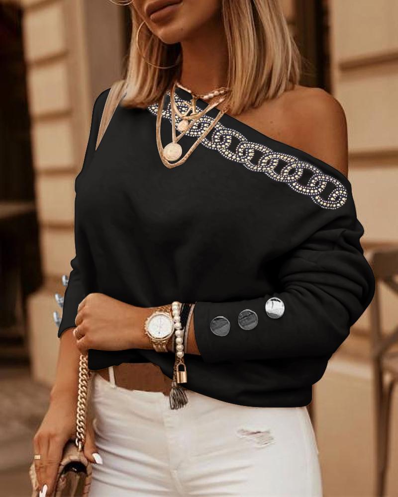 

Rhinestone Chain Pattern Long Sleeve Top, Black