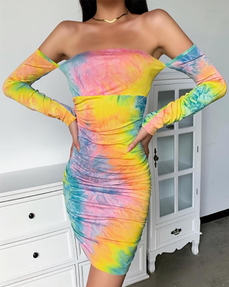 

Tie Dye Print Long Sleeve Ruched Bodycon Dress, Pink