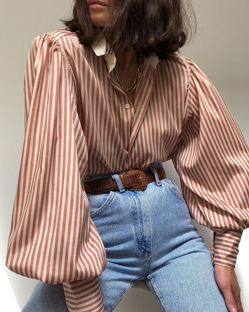 

Striped Print Lantern Sleeve Shirt, Brown