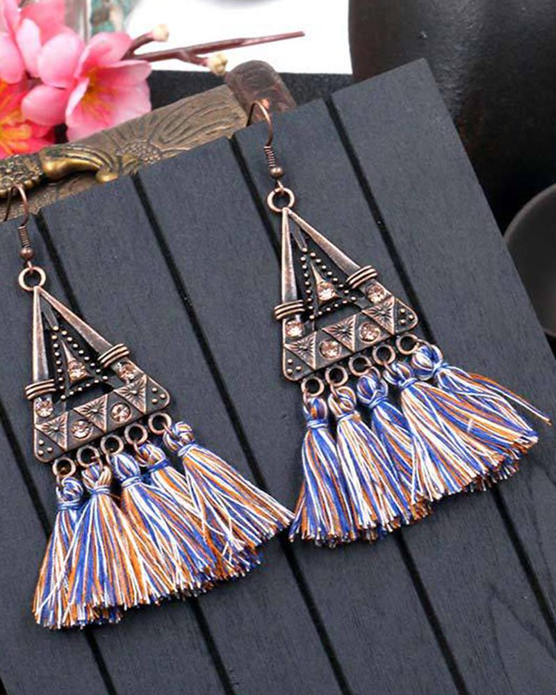 

1Pair Bohemian Ethnic Style Tribal Triangle Tassel Design Hook Earrings, Blue