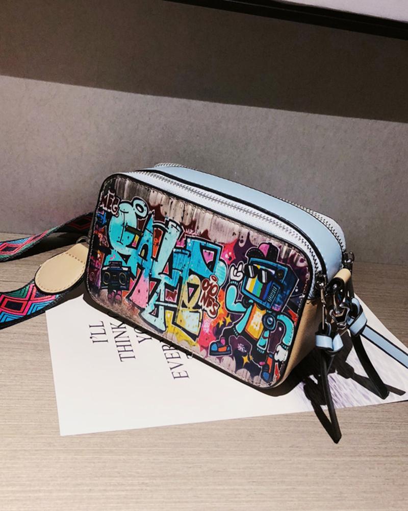 

Cartoon Letter Graphic Zipper Design Shoulder Bag, Blue