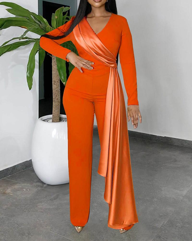 

Asymmetrical Hem Long Sleeve Jumpsuit, Orange