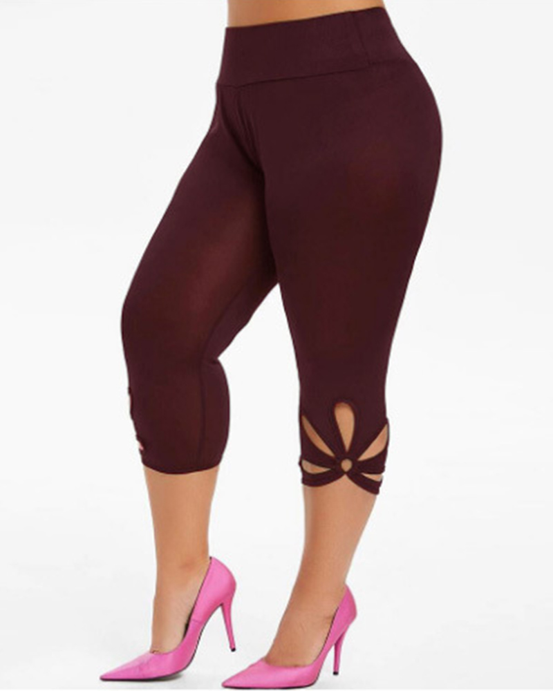 

Plus Size Cutout O-Ring Decor High Waist Leggings, Wine red