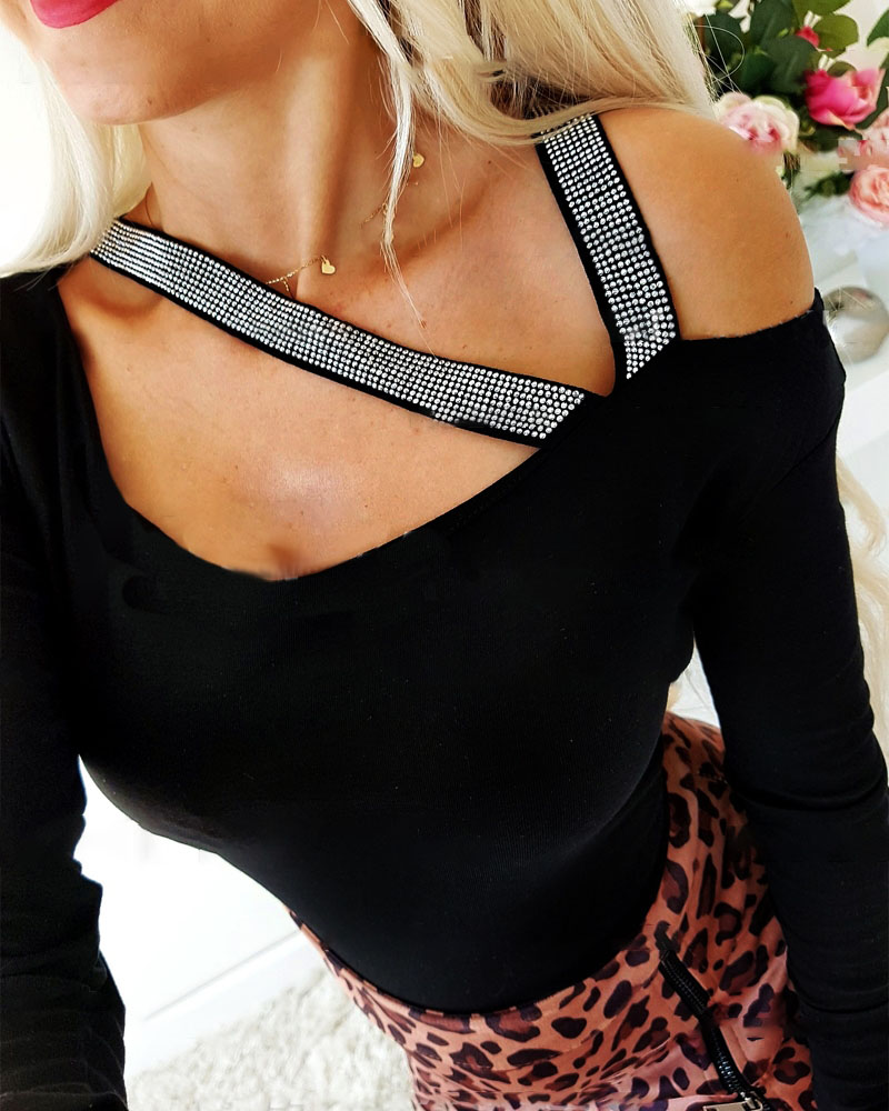 

Rhinestone Strap Cold Shoulder Long Sleeve Top, Black