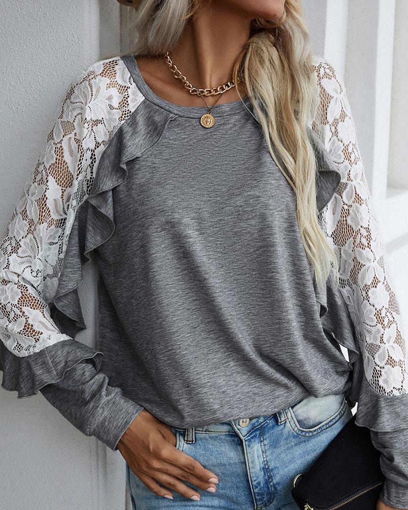

Lace Patch Ruffle Hem Long Sleeve Top, Gray