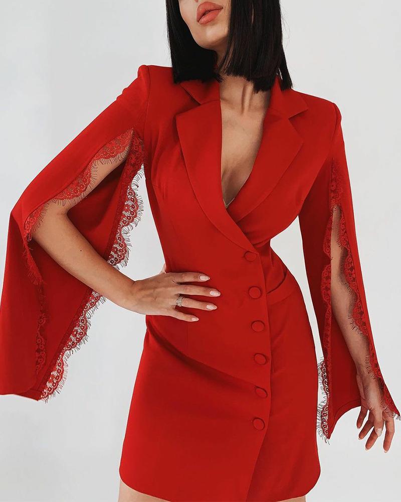 

Eyelash Lace Cloak Sleeve Single Button Blazer Dress, Red