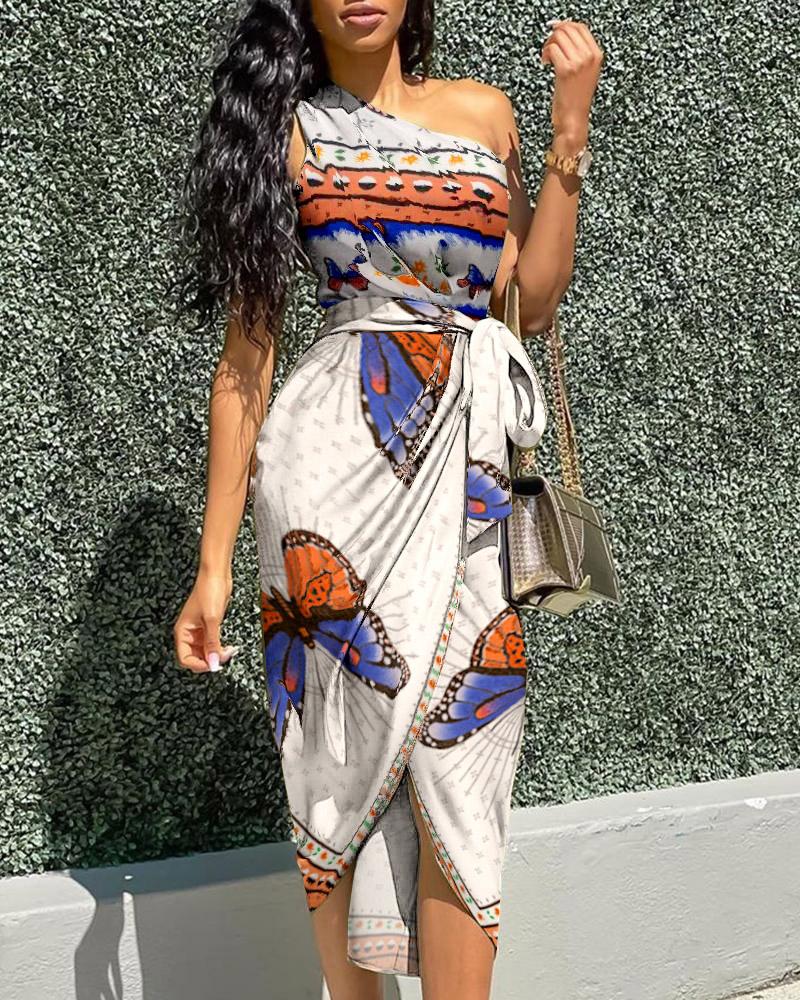

Butterfly Print One Shoulder Tied Detail Dress With Belt, White