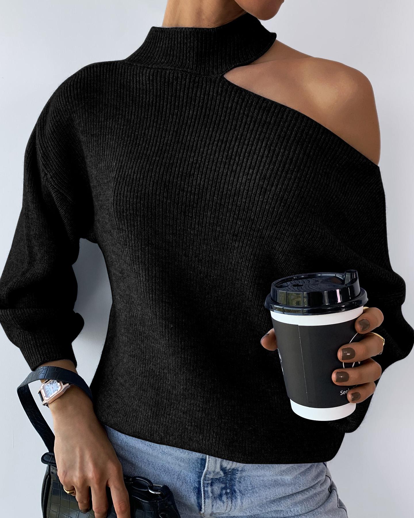 

One Shoulder Knit Long Sleeve Sweater, Black