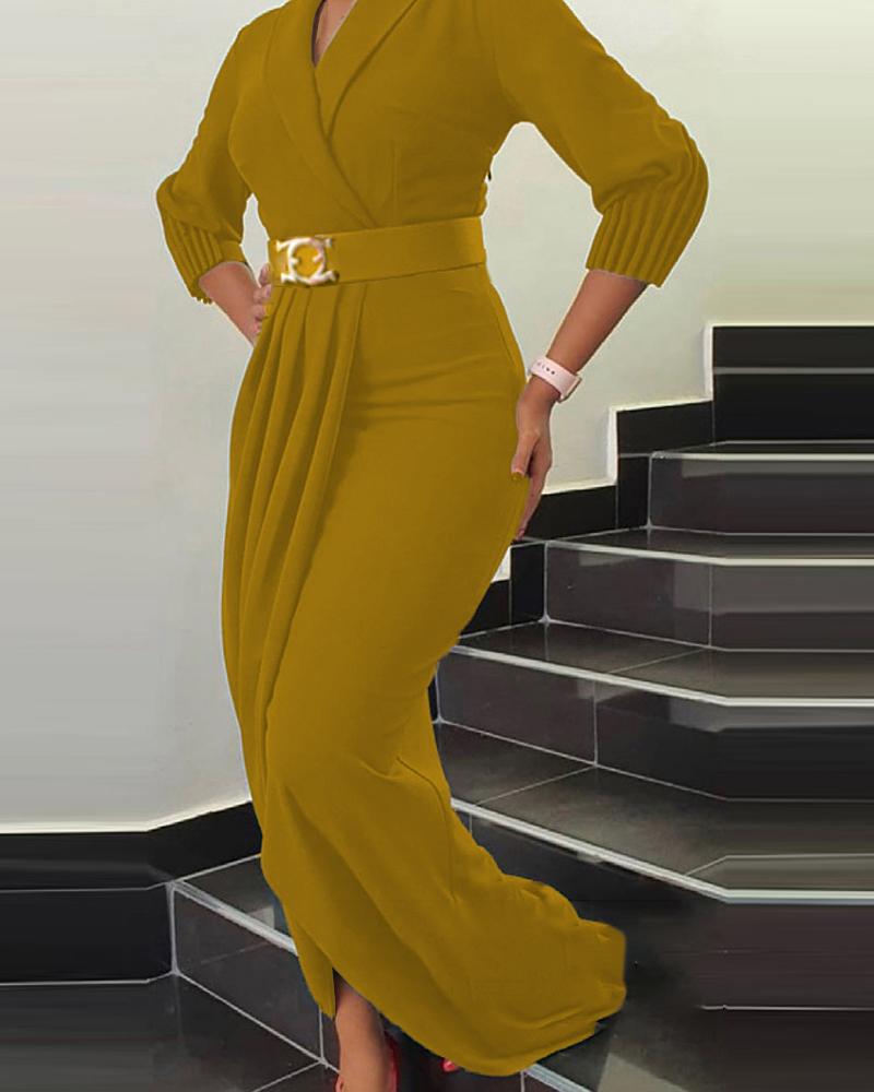 

Plus Size Pleated Detail Work Dress With Belt, Yellow