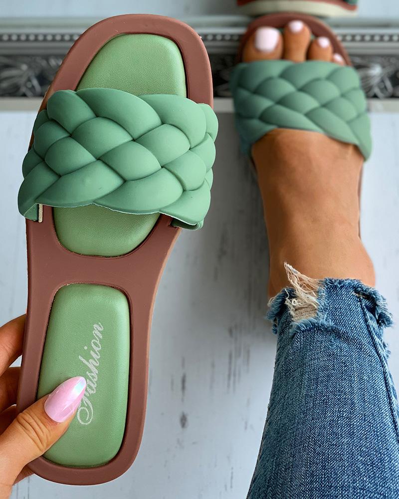 

Braided Square Toe Casual Flat Slippers, Green