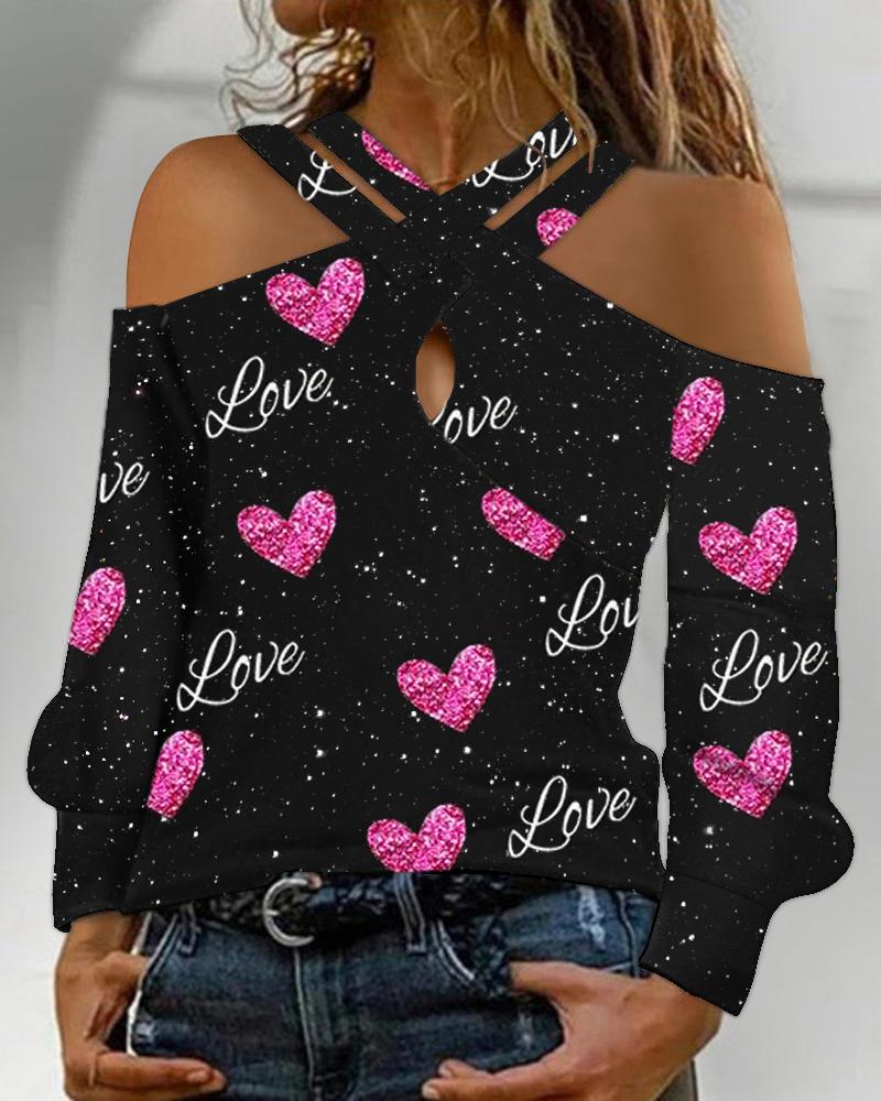 

Valentine' Day Love Heart Print Cold Shoulder Top, Black