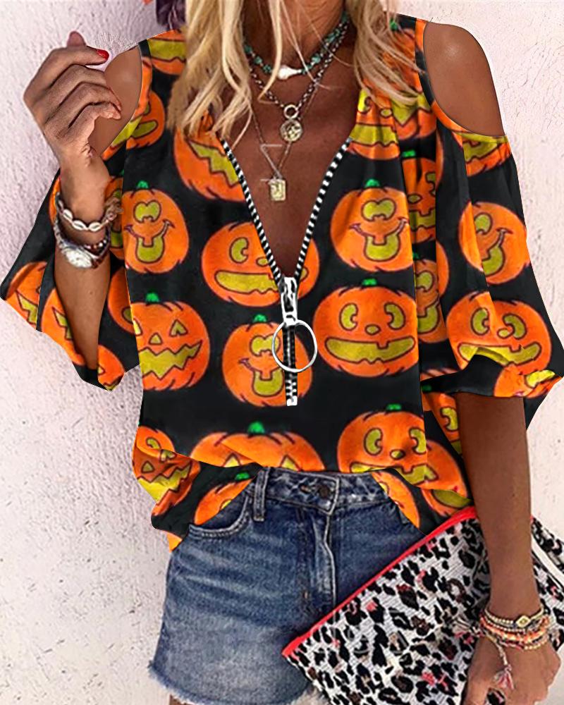

Halloween Pumpkin Print Zip Front Cold Shoulder Top, Orange