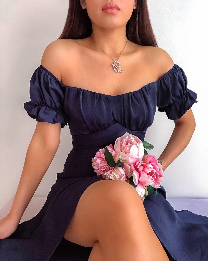 

Off Shoulder Ruched Ruffle Hem Slit Dress, Dark blue