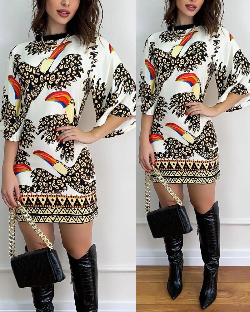

Bird Print Bell Sleeve Casual Dress, White