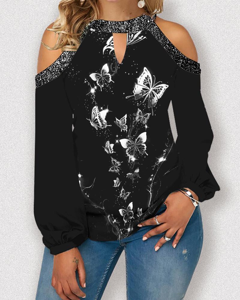 

Cold Shoulder Butterfly Print Top, Black