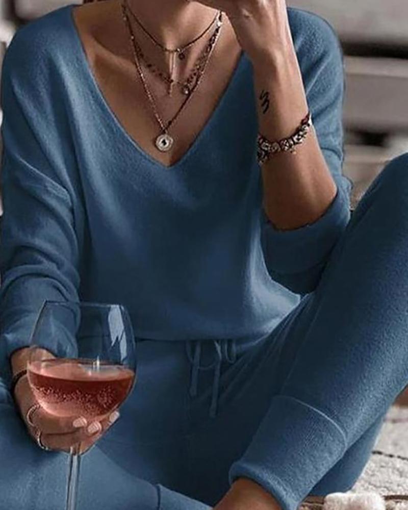 

V-Neck Drawstring Long Sleeve Casual Pajamas Set, Blue