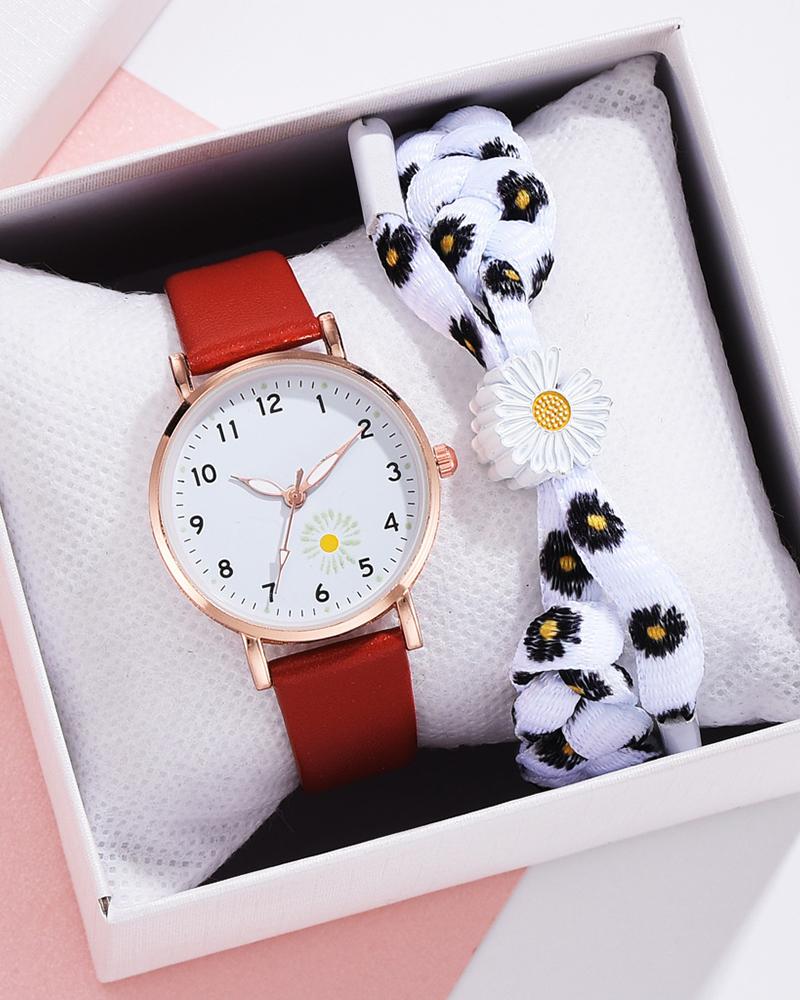 

Daisy Pattern Pointer Quartz Watch & Bracelet Set, Red