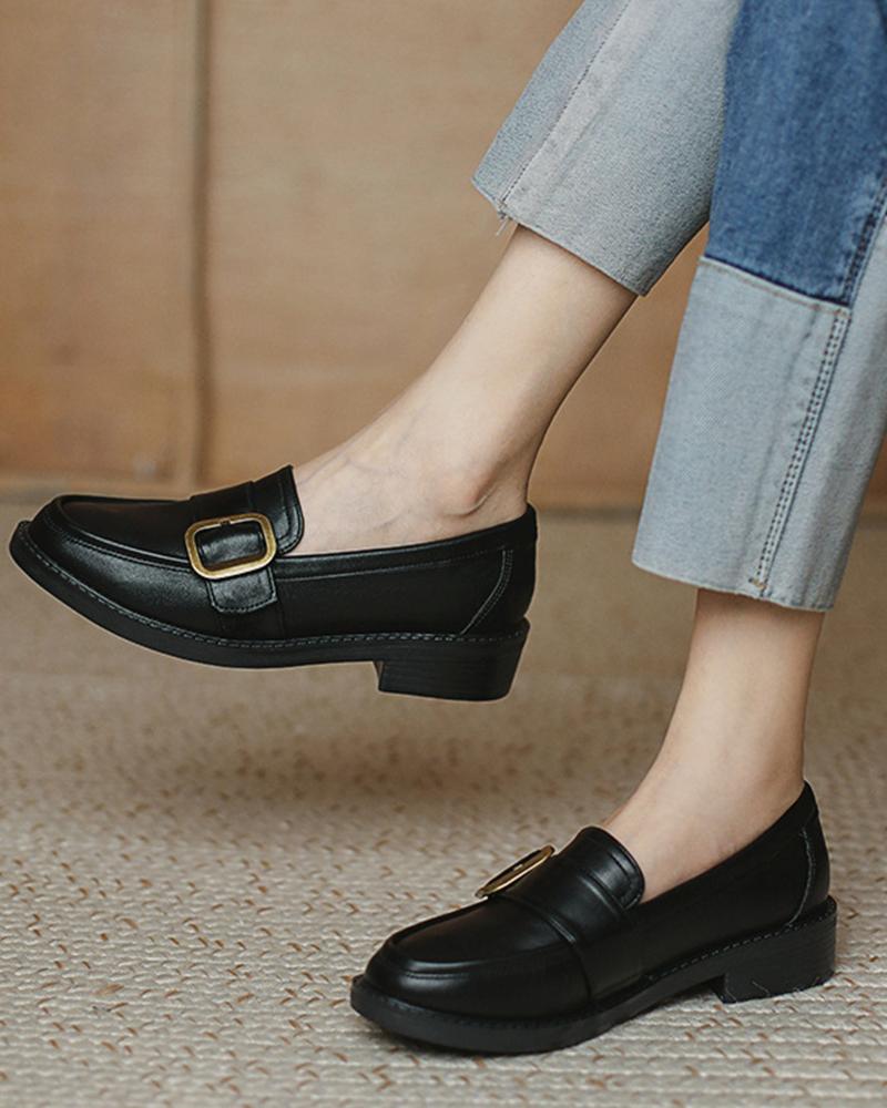 

Round-toe Solid Color Splicing Buckle Loafers, Black