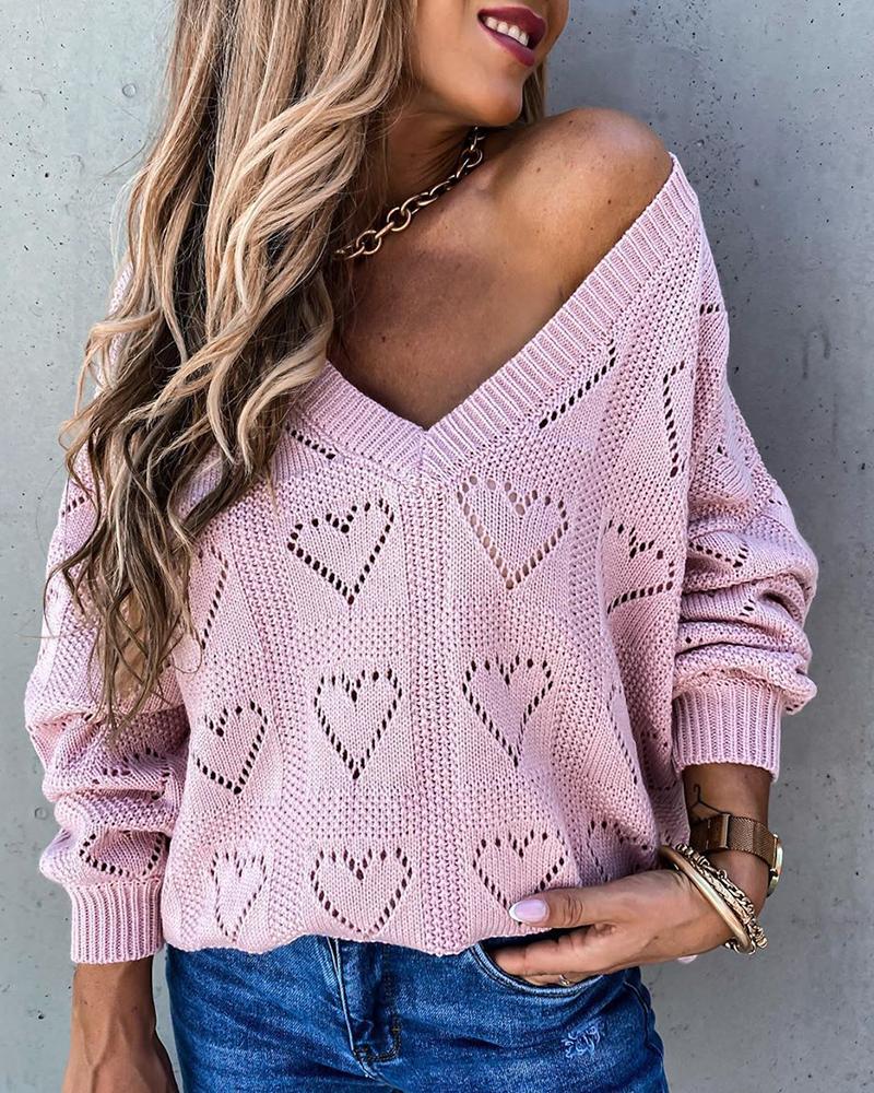 

Hollow Out Heart Pattern Long Sleeve Casual Sweater, Pink