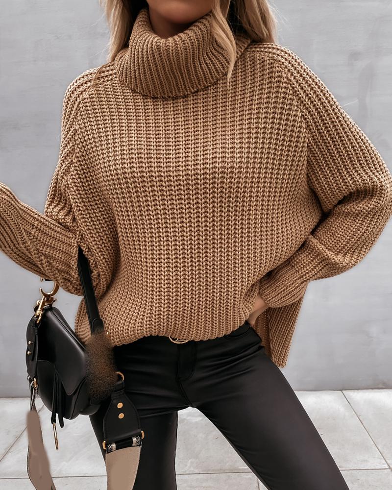 

High Neck Knit Batwing Sleeve Sweater, Brown