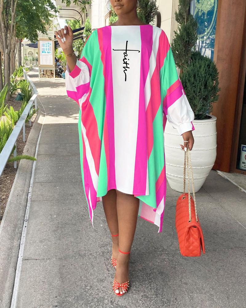 

Letter Print Colorblock Lantern Sleeve Casual Dress, Hot pink