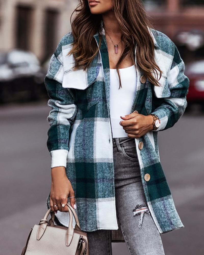 

Plaid Print Long Sleeve Buttoned Shacket, Blue