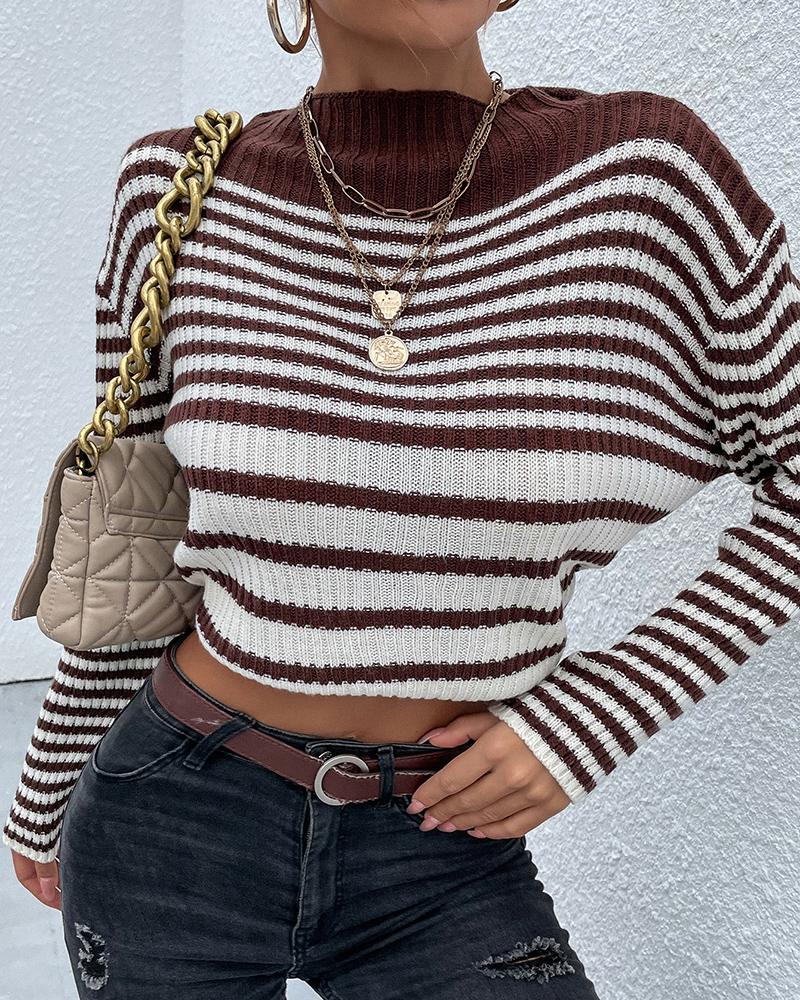 

Long Sleeve Striped Pattern Knit Sweater, Brown