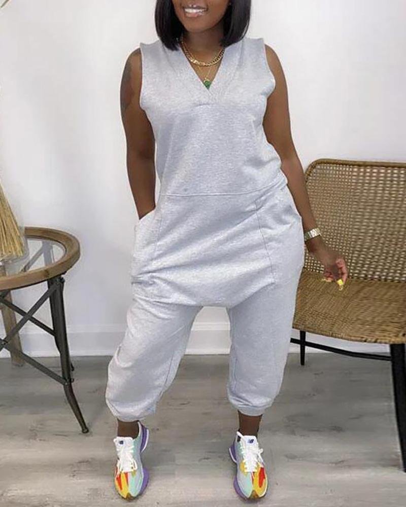 

Sleeveless Pocket Design V-Neck Jumpsuit, Gray