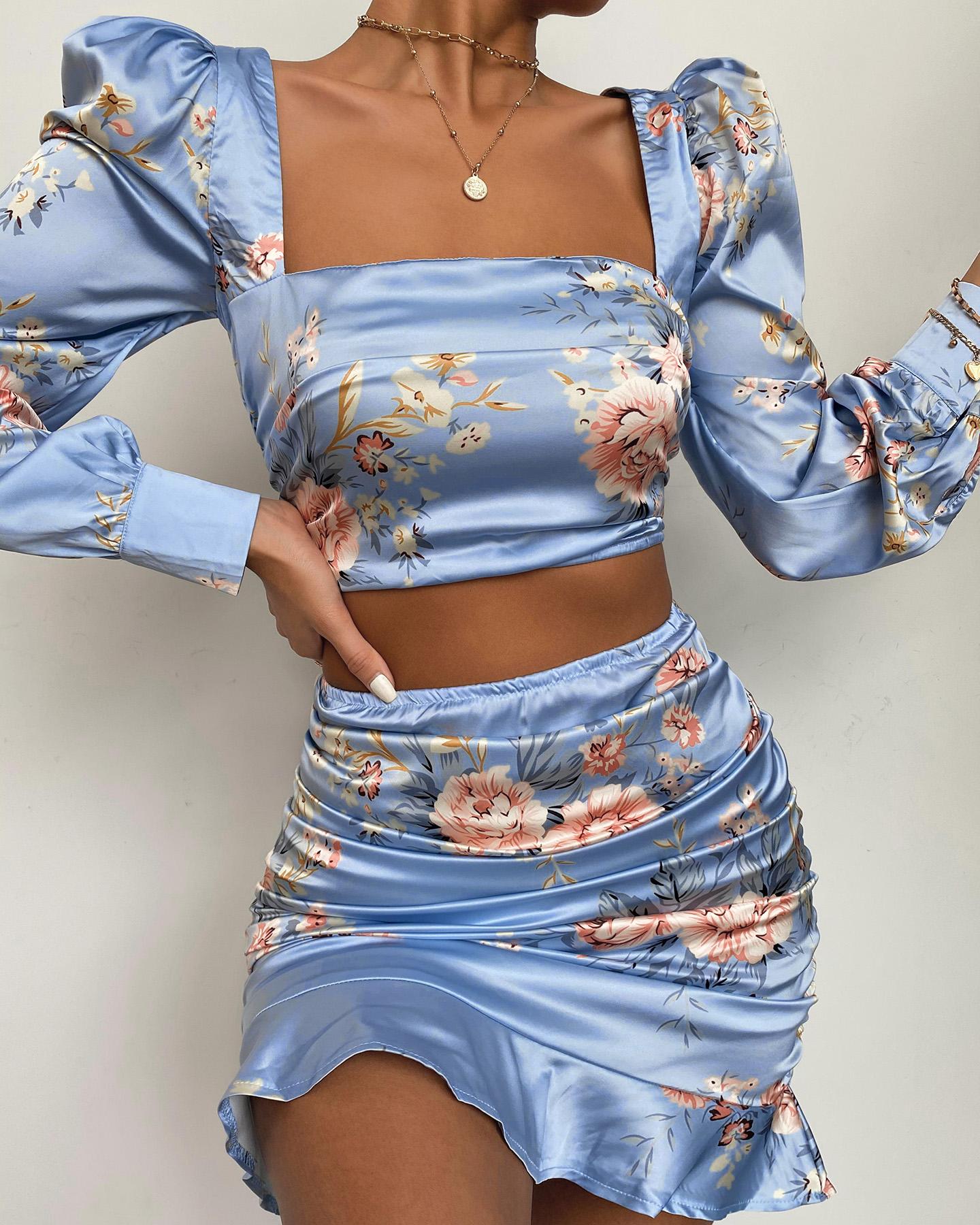 

Print Casual Crop Top & Skirt Sets, Blue