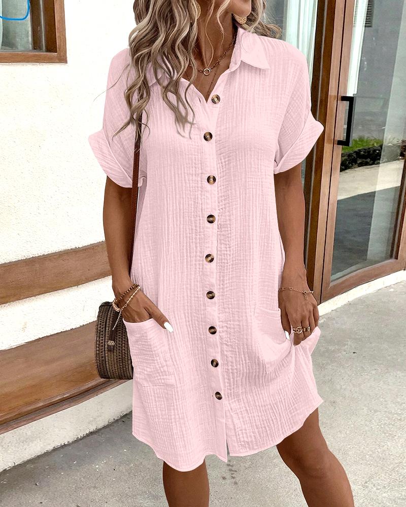 

Robe décontractée à manches courtes et col rabattu avec boutons et poche, Pink