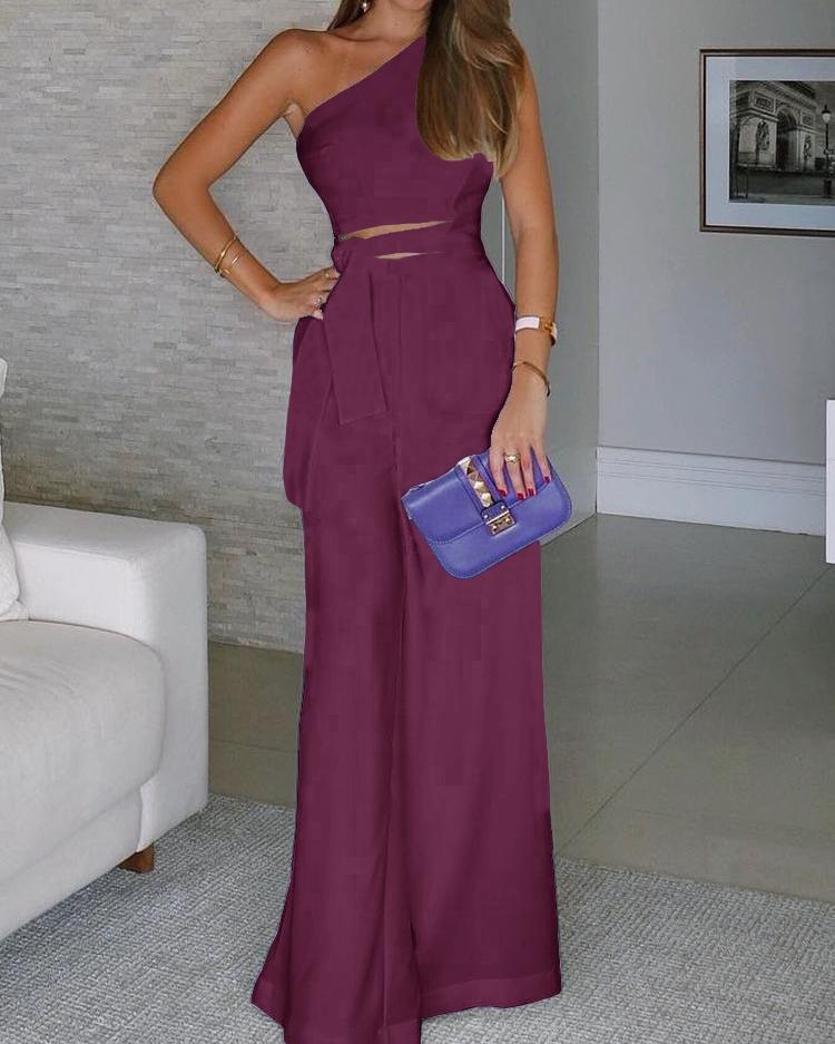

One Shoulder Cutout Tie Waist Wide Leg Jumpsuit, Purple