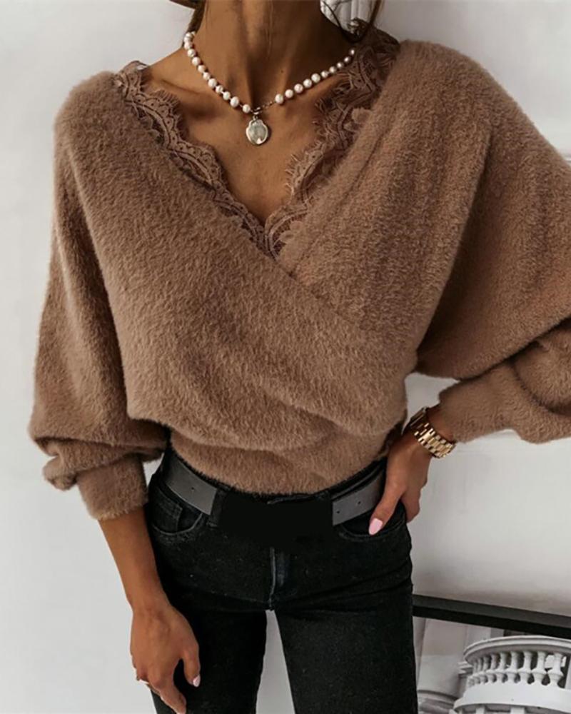 

Eyelash Crochet Lace Patch Lantern Sleeve Fluffy Sweater, Coffee