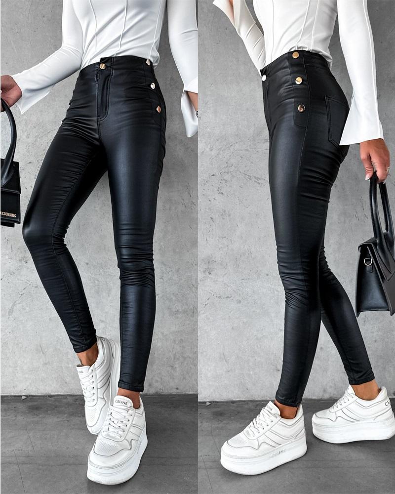

PU Leather Side Button Skinny Pants, Black