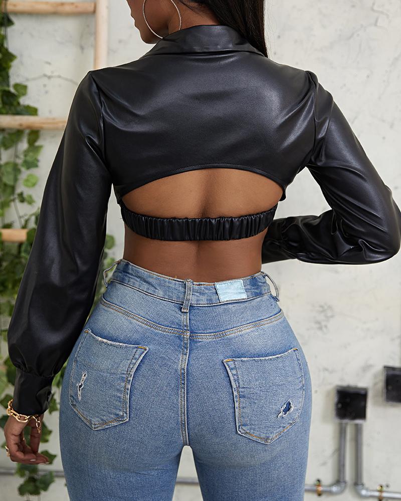 

Button Front Cutout Lantern Sleeve Crop PU Leather Coat, Black