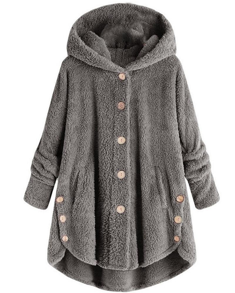 

Plus Size Long Sleeve Button Design Hooded Teddy Coat, Dark grey