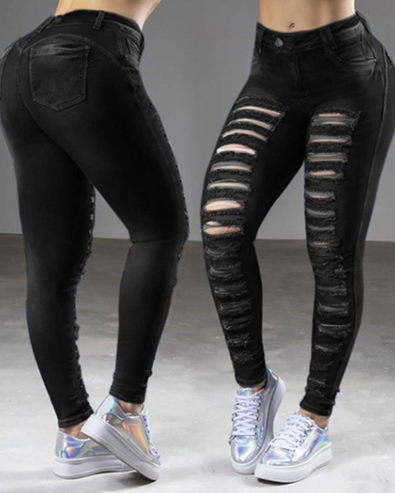 

Zipper Fly Washed Cutout Ripped Skinny Jeans, Black