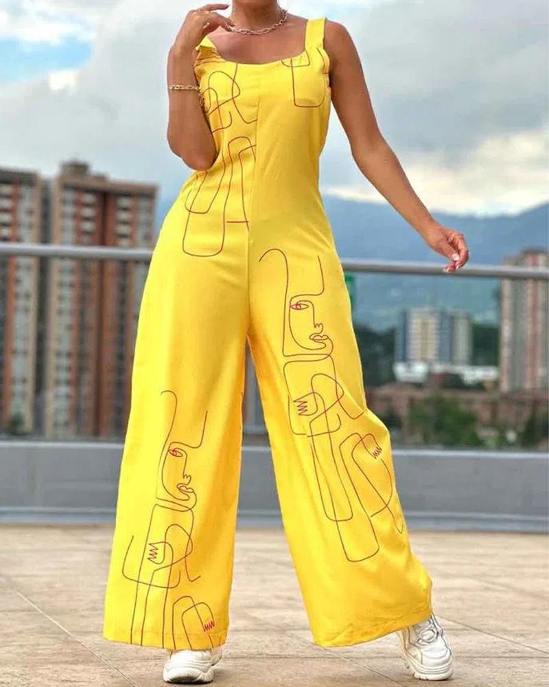 

Figure Print Thick Strap Wide Leg Jumpsuit, Yellow