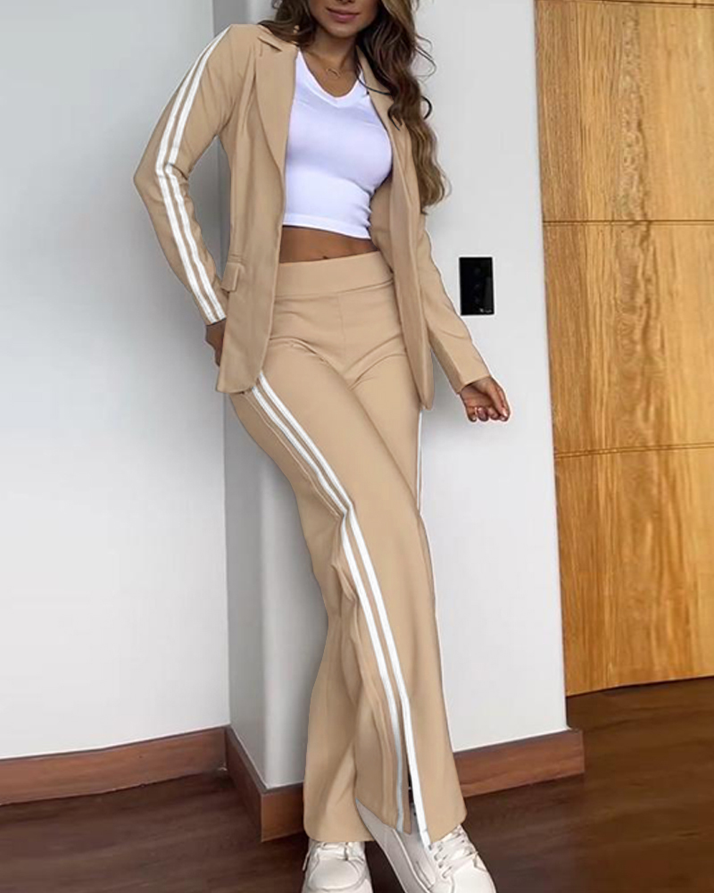 

2 Piece Stripe Print Notched Collar Long Sleeve Coat Slit Straight Pants Work Pants Set, Khaki