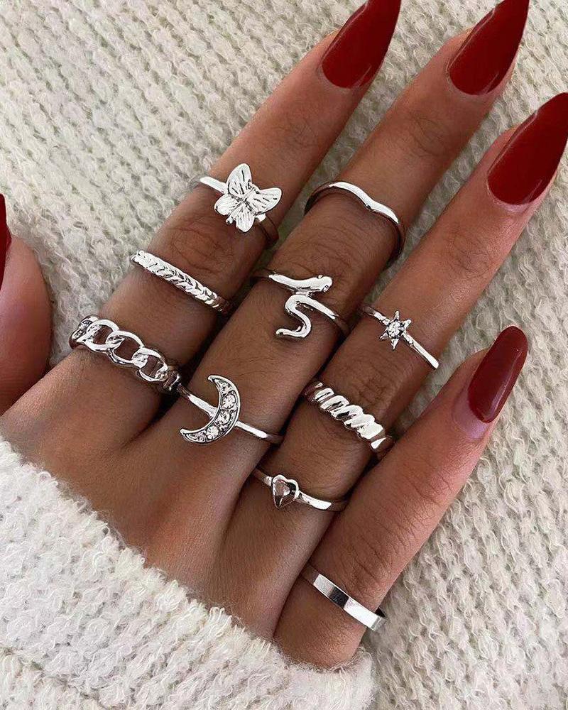 

10PCS Snake Butterfly Moon Heart Pattern Rhinestone Decor Rings Set, Silver
