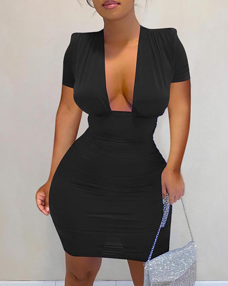 

Plunge Cutout Short Sleeve Bodycon Dress, Black