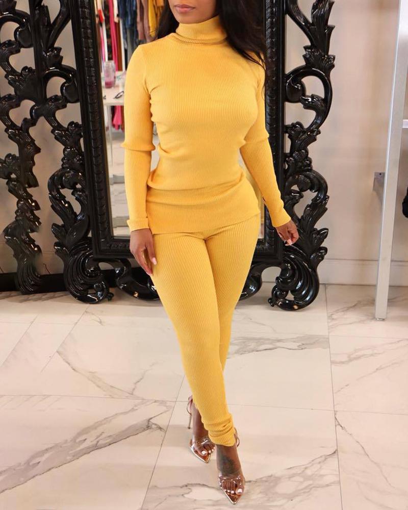 

Ribbed High Neck Long Sleeve Top & High Waist Pants Set, Yellow