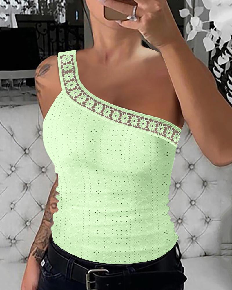 

One Shoulder Lace Patch Eyelet Embroidery Top, Green