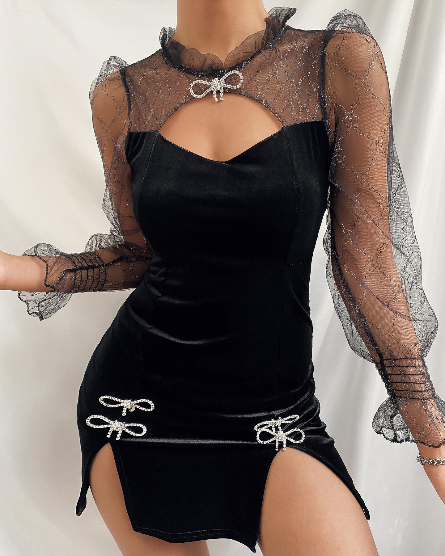

Sheer Mesh Cutout Bowknot Decor Slit Bodycon Dress, Black