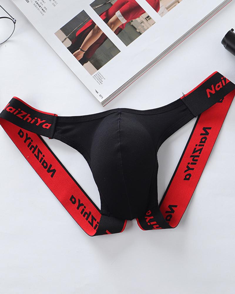 

Color Block Splicing Letter Print Skinny Breathable Thong Underpants, Black