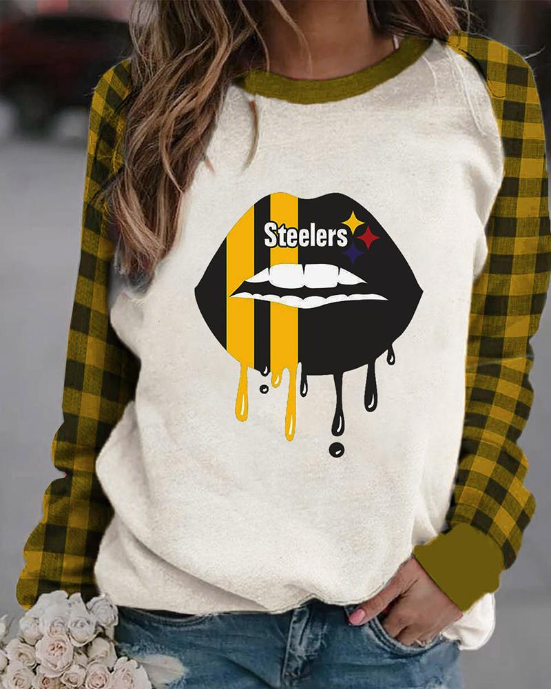 

Lip Letter Print Colorblock Long Sleeve Top, Yellow