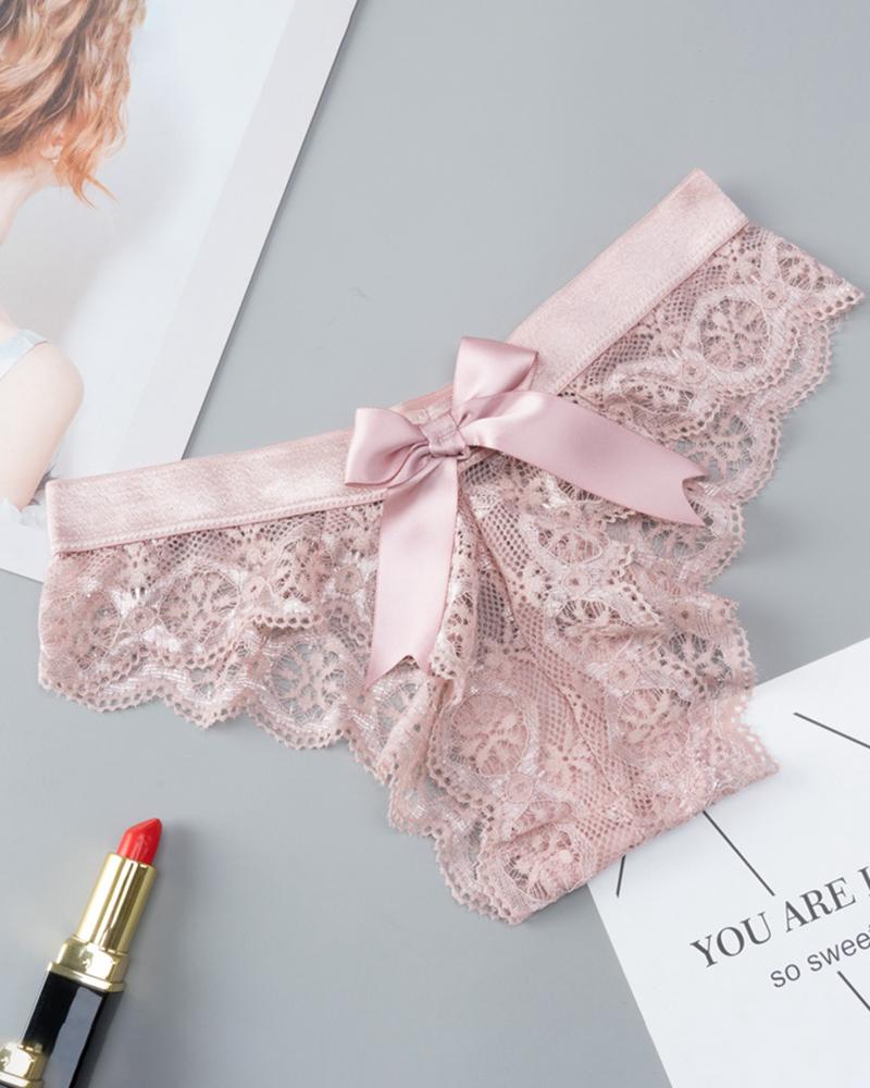 

Bowknot Decor Crochet Lace Skinny Panty Plain Middle Waist Sexy Lace Panty, Pink