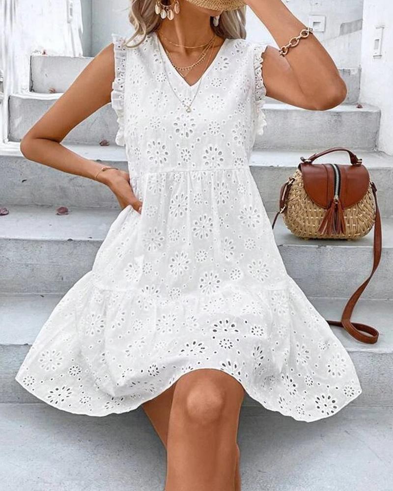 

Eyelet Embroidery Frill Hem Lace Dress, White