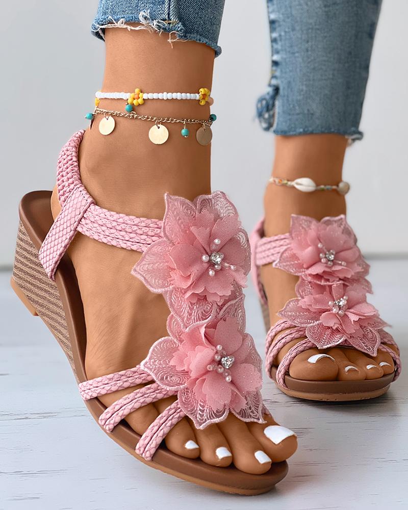 

Floral Pattern Beaded Boho Wedge Shoes, Pink