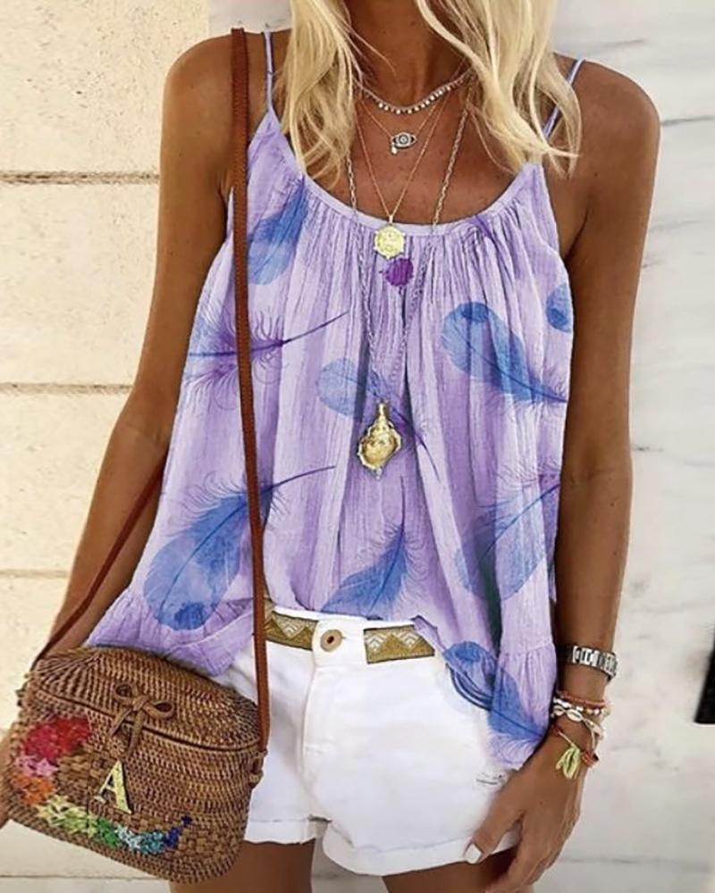 

Spaghetti Strap Feather Print Top, Purple