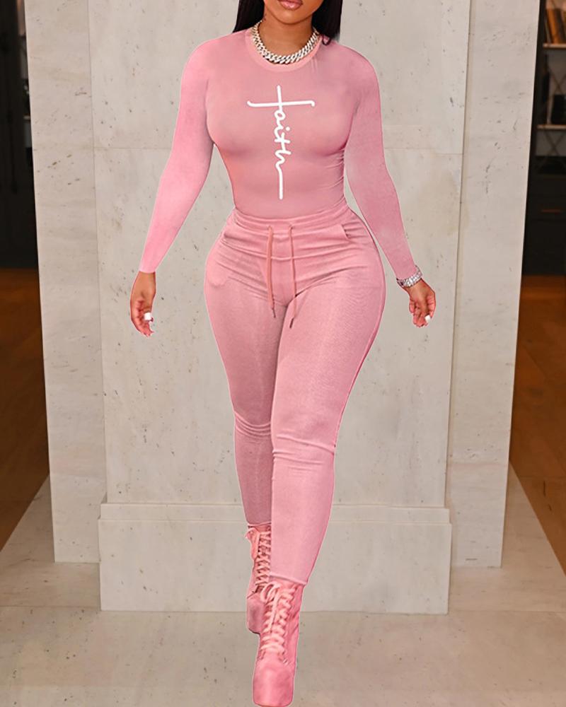 

Letter Print Long Sleeve Top & Pants Set, Pink